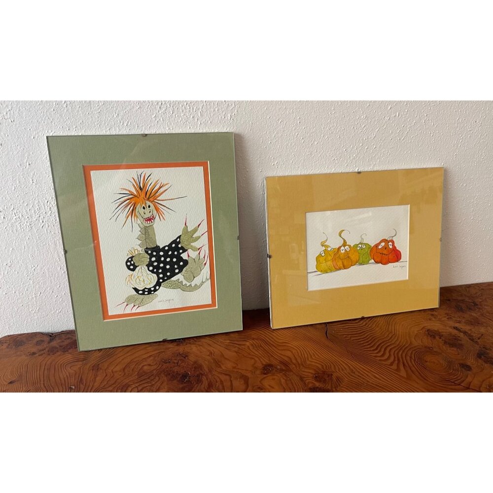 Artist signed original 2 piece halloween/autumn pencil and watercolor paintings